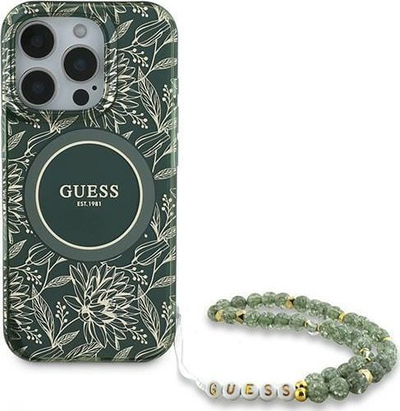 Mbulesë telefoni Guess IML Flowers Allover Electro and Pearl Strap MagSafe për iPhone 16 Pro 6.3\", me rrip me rruaza, jeshile