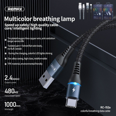 Kabllo USB-C Remax RC-152a Colorful Light, 1m, 2.4A, e zezë