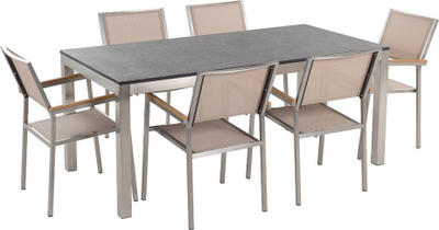 Set kopshti Beliani Grosseto, tavolinë graniti, 6 karrige tekstil, gri bezhë