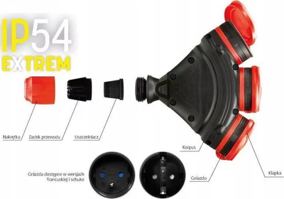 Zgjatëse ndërtimi KEL Extrem X3, 3 priza, 5m, IP54, e zezë e kuqe