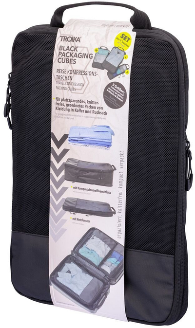 Set qese kompresuese për udhëtime Troika BLACK PACKING CUBES, 3 copë, material poliester, ngjyrë e zezë