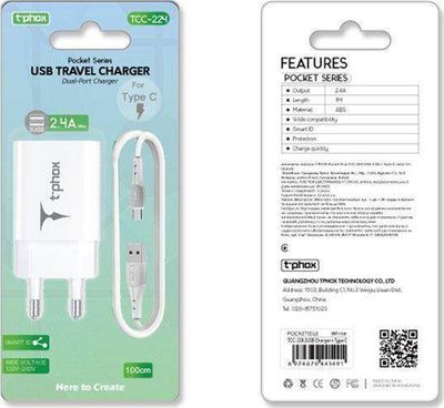 Karikues muri T-Phox Pocket Series TCC-224, 2xUSB, 12W, i bardhë