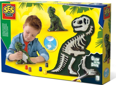 Set kreativ SES Casting and Painting T-Rex, skelet që ndriçon, për lyerje me bojë, shumëngjyrësh