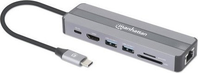 HUB Manhattan USB C Dock, HDMI 4K, internet me kabëll, gri