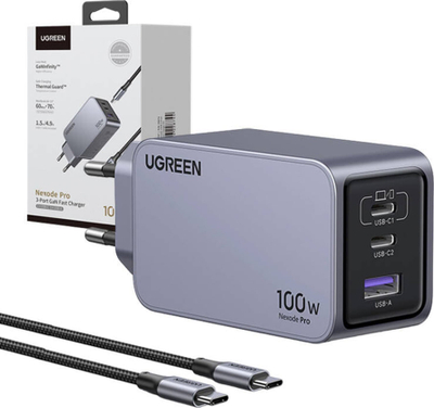 Полнач Ugreen Nexode Pro 100W GaN, 3 порти, брзо полнење, сив