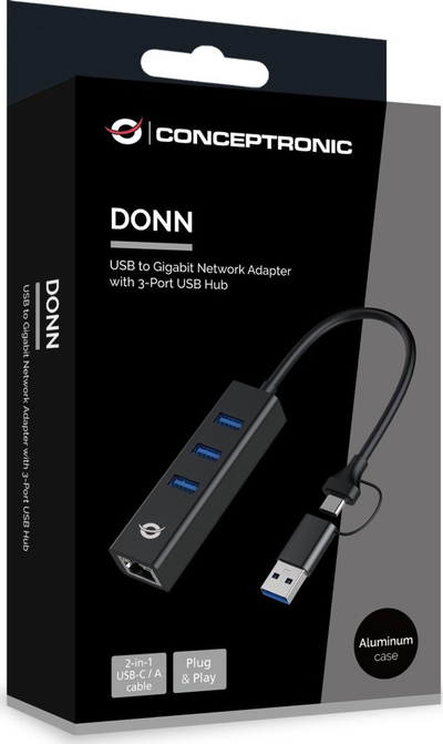 Adapter rrjeti Conceptronic DONN07BA, USB 3.0 në Gigabit Ethernet, 3 porta USB, i zi