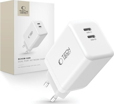 Karikues muri Tech-Protect NC45W-GAN, 45W PD, 2x USB-C, i bardhë