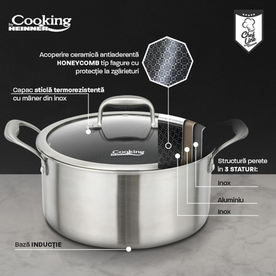 Tenxhere me kapak Heinner Titanium Cooking, 7L, 28x13cm, çelik inox, argjend