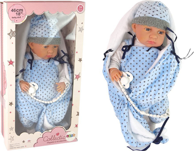 Kukull bebe LeanToys, 46 cm, me biberon blu dhe batanije me yje