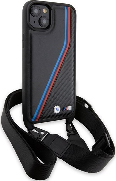 Mbulesë telefoni BMW M Edition Carbon Tricolor Lines me rrip për iPhone 15 Plus 14 Plus, plastike, shumëngjyrëshe