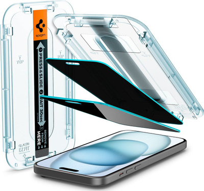 Xham mbrojtës Spigen Glas TR EZ Fit Privacy për iPhone 15, 2 cope, transparent