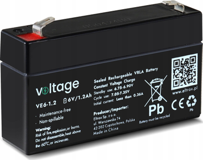 Bateri AGM VIPOW VE6-1.2, 6V, 1.2Ah, e zezë