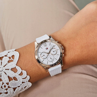 Orë dore Tommy Hilfiger Haven 1782199, për femra, mekanizëm quartz, rrip lëkure, e bardhë