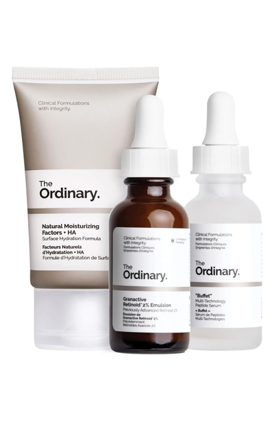 Set The Ordinary, Buffet Multi-Peptide Serum, 30ml; Granactive Retinoid 2% Emulsion, 30ml; Natural Moisturizing Factors + HA, 30ml