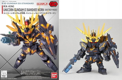 Model plastik Bandai SD EX Unicorn Gundam 02 Banshee Norn Destroy, kit për tu montu, i zi me të artë