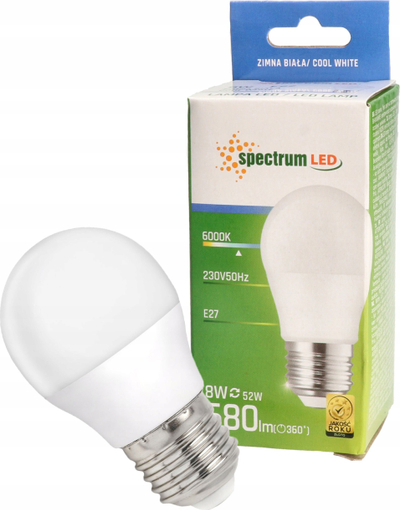 Llampë LED Spectrum E27 G45, 8W 730lm 160°, dritë e bardhë e ftohtë 6000K