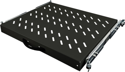 Rafth tërheqës rack 19" 1U, thellësi 570mm, 4 pika montimi, i zi