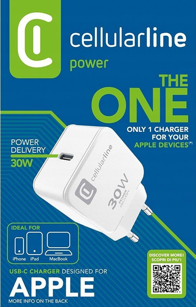 Karikues USB-C Cellularline 30W për Apple, i bardhë