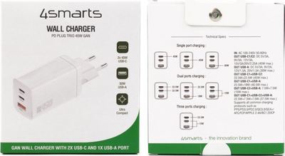 Karikues muri 4smarts PDPlug Trio 45W GaN, 2x USB‑C 1x USB‑A, i bardhë