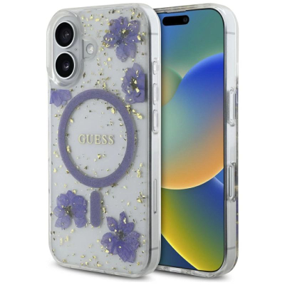 Футрола за телефон Guess Resin Flowers Glitter MagSafe, за iPhone 16 6.1", виолетова