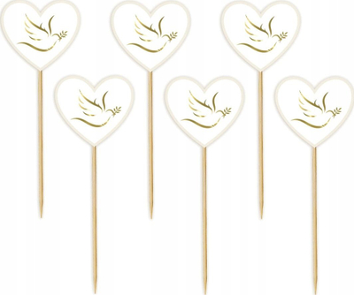 Shkopinj dekorativë Godan Heart Pick with Dove, set 6 copë, zemër, të bardhë me të artë