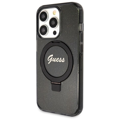 Заштитна маска Guess GUHMP14XHRSGSK за iPhone 14 Pro Max, со прстен Ring Stand, MagSafe, црна