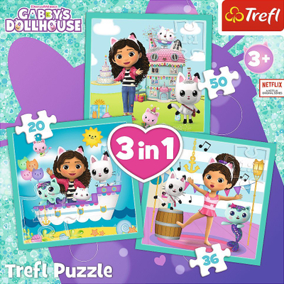 Puzzle 3 në 1 Trefl Gabby's Activities 34871, set për kalamaj, me figura vizatimore, shumëngjyrësh