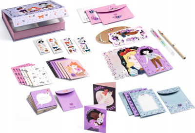 Set shkrimi Djeco Lucille, kuti magnetike, letra e zarfa me stikera, vjollcë