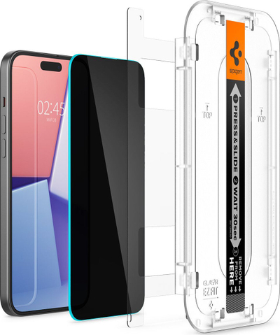 Xham mbrojtës Spigen Glass tR EZ Fit Privacy për iPhone 15 Plus, 2 copa, transparencë