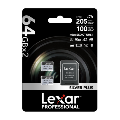 Kartë memorie Lexar MicroSDXC Silver Plus, 64GB, UHS-I V30 A2, paketim 2 copë