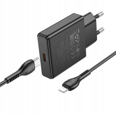 Karikues muri Hoco N37 Slim, 30W PD QC, kabllo USB C në Lightning 1m, i zi