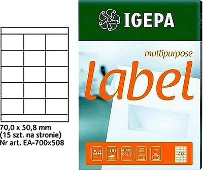 Etiketa vetëngjitëse Mondi Labels A4 Igepa, 70 x 50.8 mm, 1500 copë, të bardha