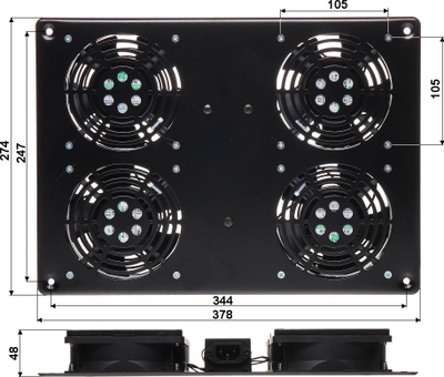 Panel ftohës për kabinet RACK Delta A19-4W, me 4 ventilatorë, 230V AC, i zi