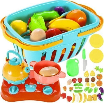 Set lodër kuzhine Vega Toys Vegetables and Fruit for Cutting with Basket 22877, fruta e perime plastike, shportë plastike, shumëngjyrëshe