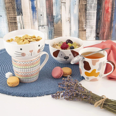 Set filxhan dhe tas për fëmijë Orion, porcelan, motiv qen, shumëngjyrësh