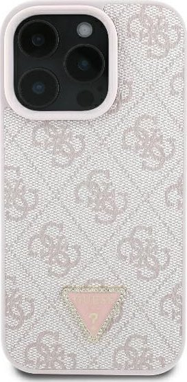 Çantë-mbulesë telefoni Guess Leather Metal Logo Strass Crossbody për iPhone 16 Pro Max 6.9", lëkurë, rozë