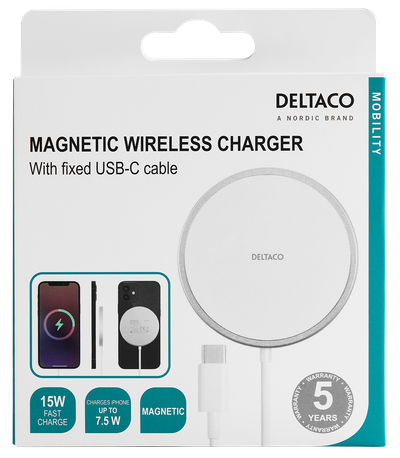 Karikues wireless DELTACO QI-1034, me magnet, 15W, i bardhë