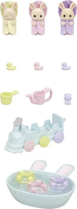 Set lodrash Sylvanian Families Triplets Baby Bathtime, figurina lepurushë, aksesorë banje, shumëngjyrësh