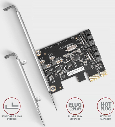 Kартичка контролер PCIe Axagon PCES-SJ2, 2x SATA 6 Gb/s, чипсет JMB582, со стандардна и low profile носачка