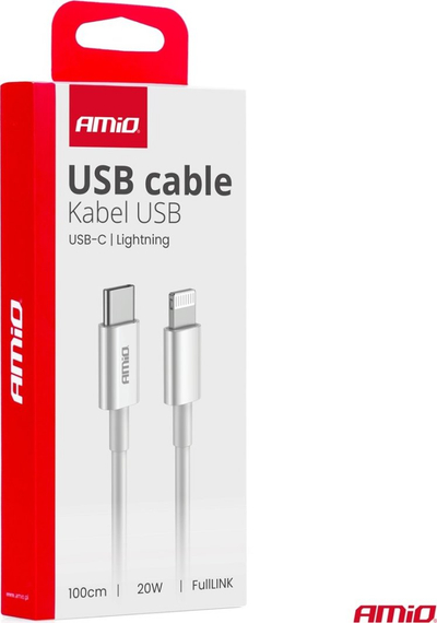 Kabllo karikimi AMiO 03898, USB C në Lightning, 1m, 20W, e bardhë