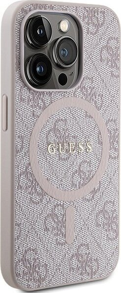 Këllëf telefoni Guess 4G lëkurë me logo metalike MagSafe për iPhone 15 Pro, i fortë, rozë