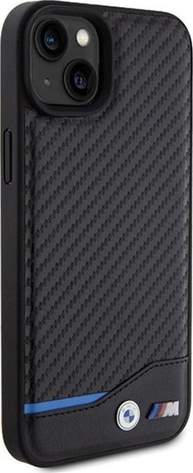 Mbrojtëse telefoni BMW Leather Carbon për iPhone 15 Plus, lëkurë dhe karbon, e zezë