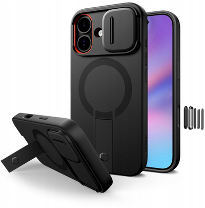 Mbrojtëse telefoni Tech-Protect Kevlar Aura MagSafe për iPhone 17, me këmbë mbështetje, magnetike MagSafe, e zezë