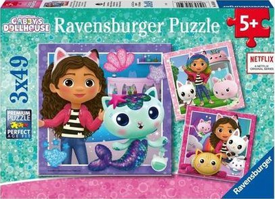 Puzzle për fëmijë Ravensburger Gabby's Dollhouse, set 3x49 pjesë, shumëngjyrësh
