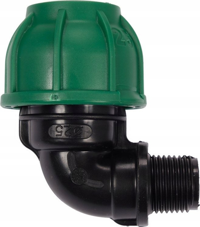 Bërryl 90° për tub PE, 25mm, me filetë mashkullore 1/2", i zi