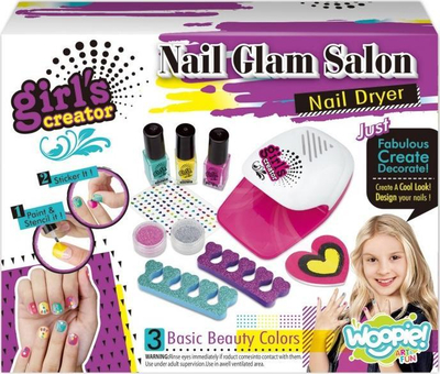 Set manikyri për kalamajt Woopie ART&amp;FUN Nail Glam Salon, tharëse thonjsh, 3 llakë, me shumë ngjyra