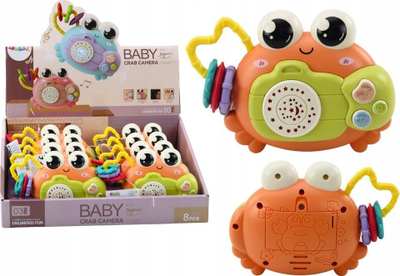 Играчка проектор за бебиња Crab Camera Rattle, со звуци, на батерии, портокалова
