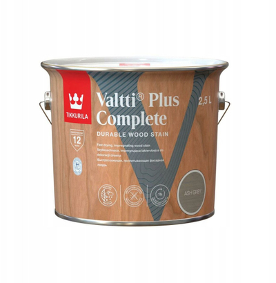Llak mbrojtës për dru Tikkurila Valtti Plus Complete, 2.5L, për përdorim të jashtëm, gri e hirtë
