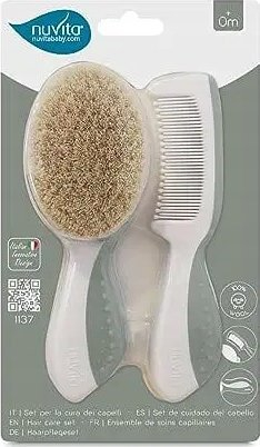 Set furçë dhe krehër Nuvita për bebe, qime natyrale leshi, bezhë