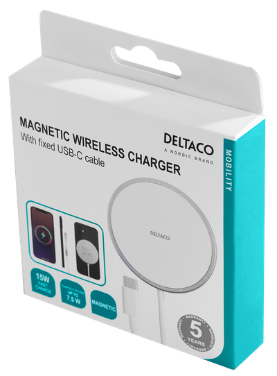 Karikues wireless DELTACO QI-1034, me magnet, 15W, i bardhë